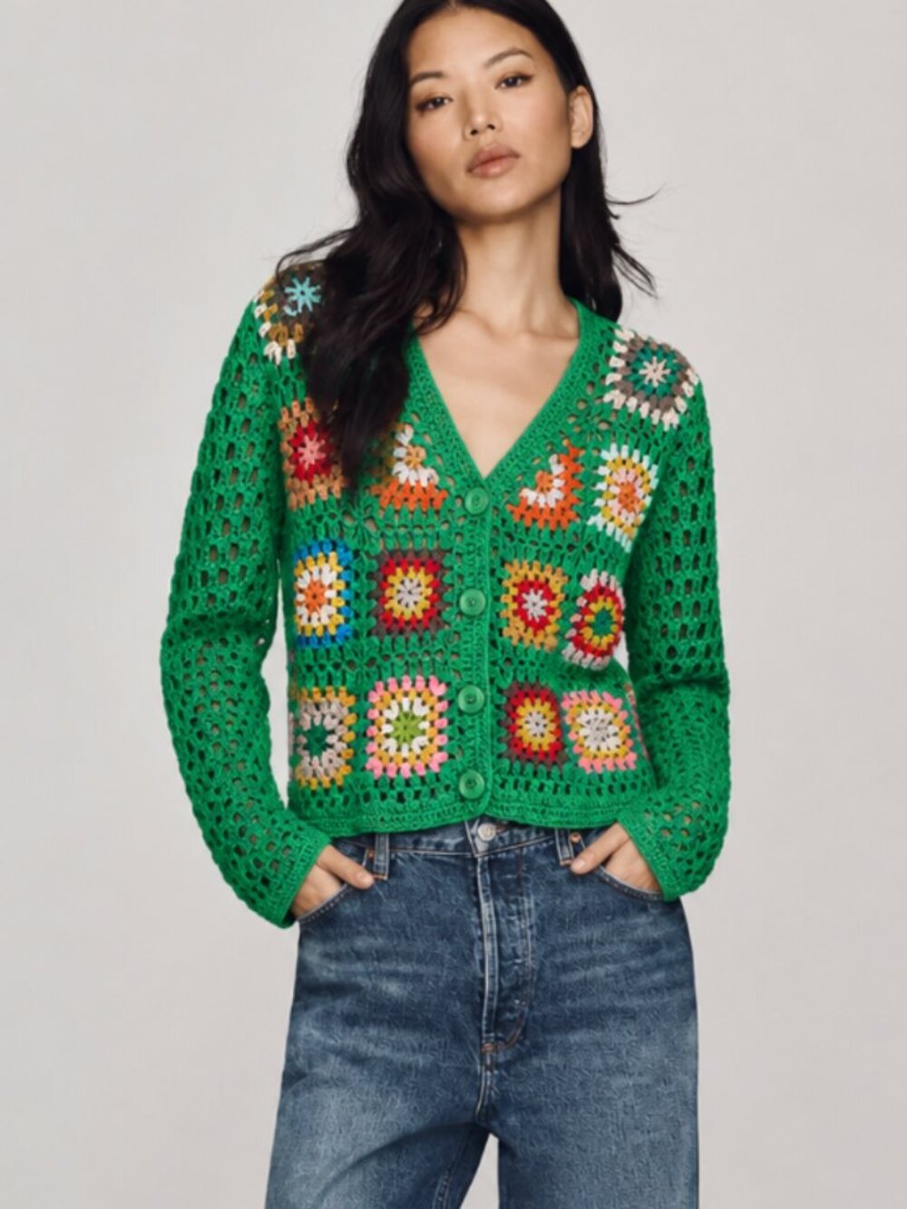 BOUTIQUE HIPPEE HARVEST GRANNY SQUARE SHORT CARDIGAN